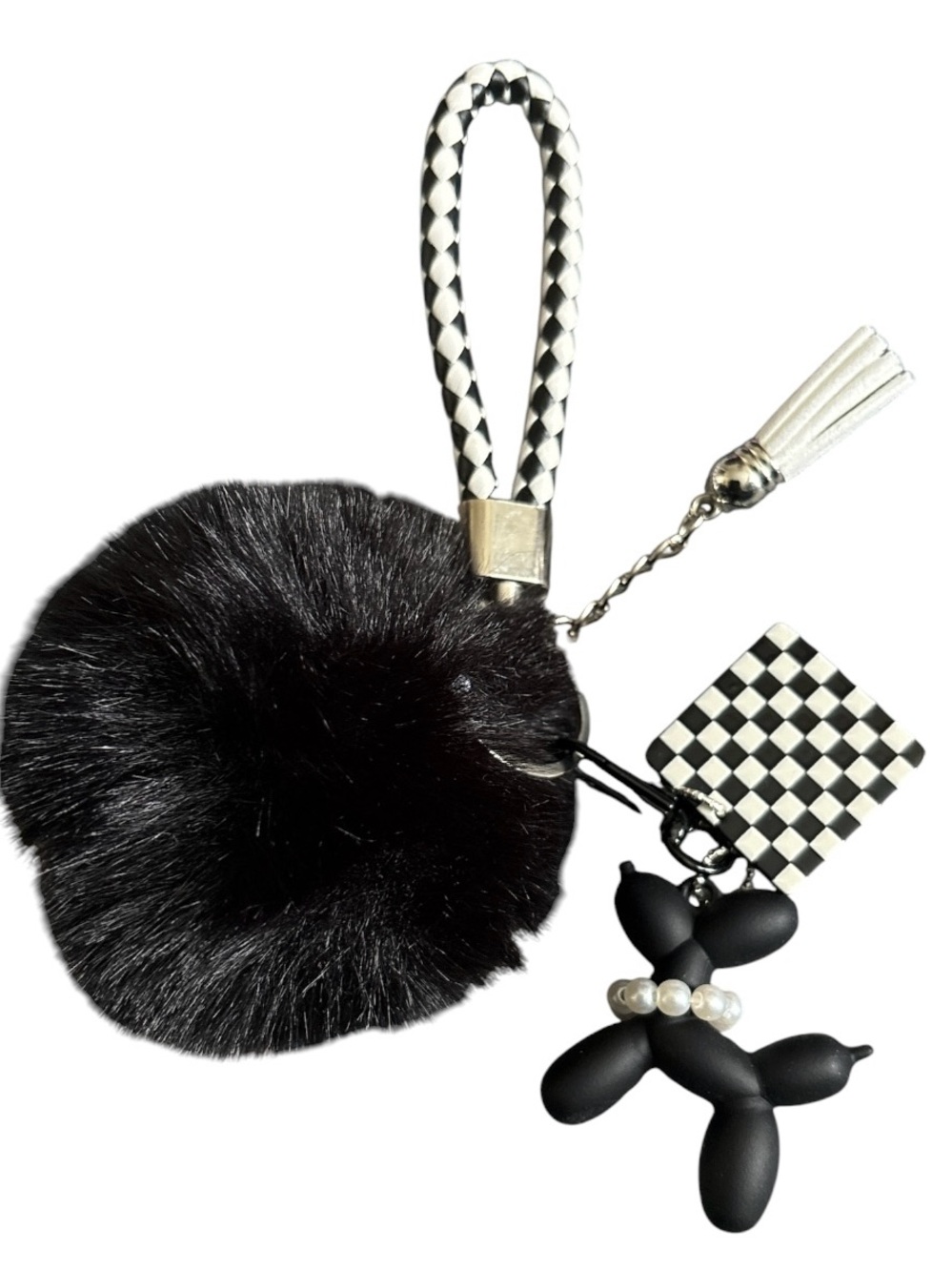 Black Pom Pom Keychain Charm with Checker Strap